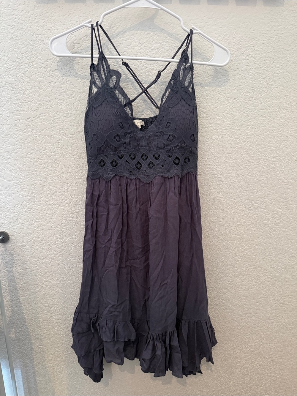 LA MIEL Charcoal Lace-Trim Crisscross Mini Dress